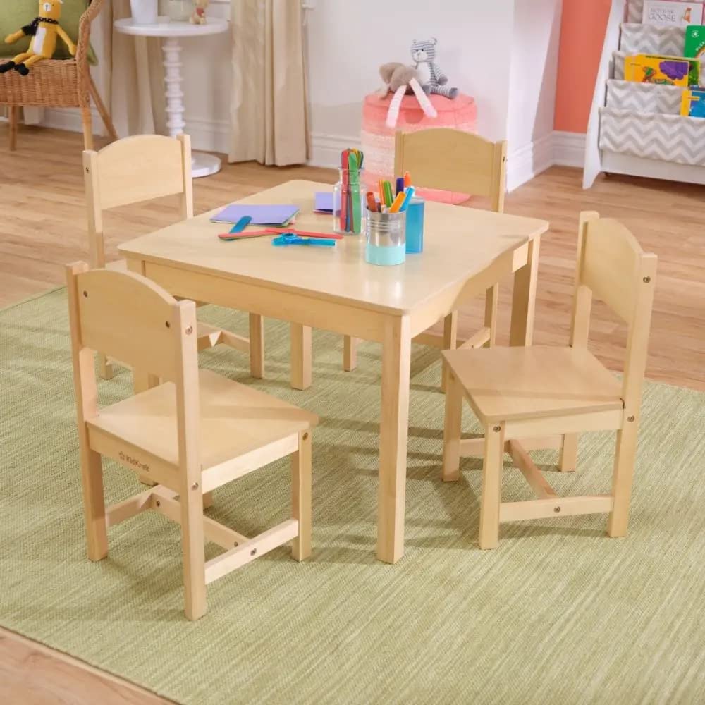 KidKraft Wooden Farmhouse Table & 4 Chairs Set. Children-s Furniture for Arts and Activity – Natural. Gift for Ages 3-8
