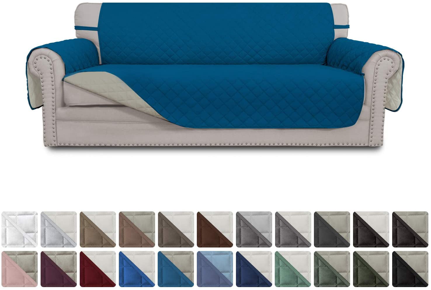 Easy-Going Reversible Sofa Slipcover Water Resistant Couch Cover. Sofa Size. Peacock Blue/Beige