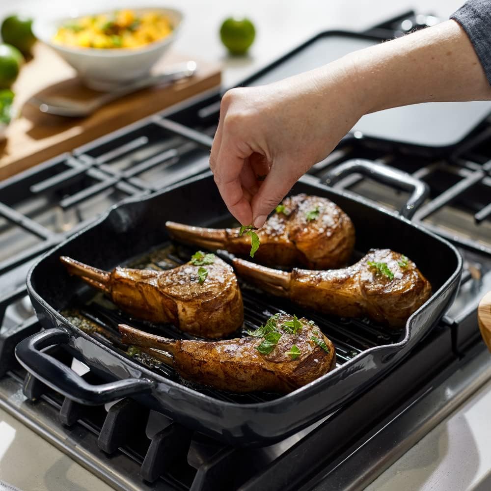 All-Clad Cast Iron Square Griddle with Acacia Trivet 11 Inch Induction Oven Broil Safe 650F Pots and Pans. Cookware Black