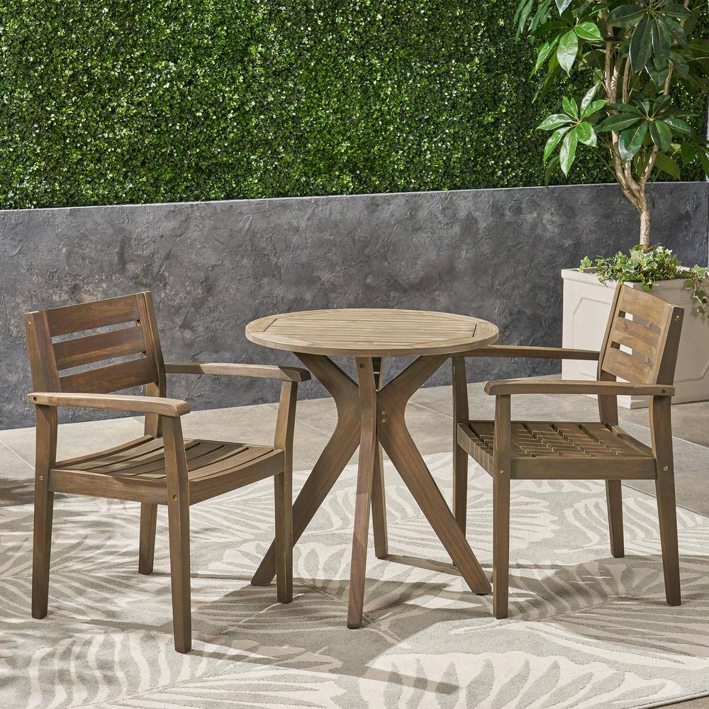 Noble House  Stamford Grey 3-Piece Wood Outdoor Bistro Set with Cross-Legged Table