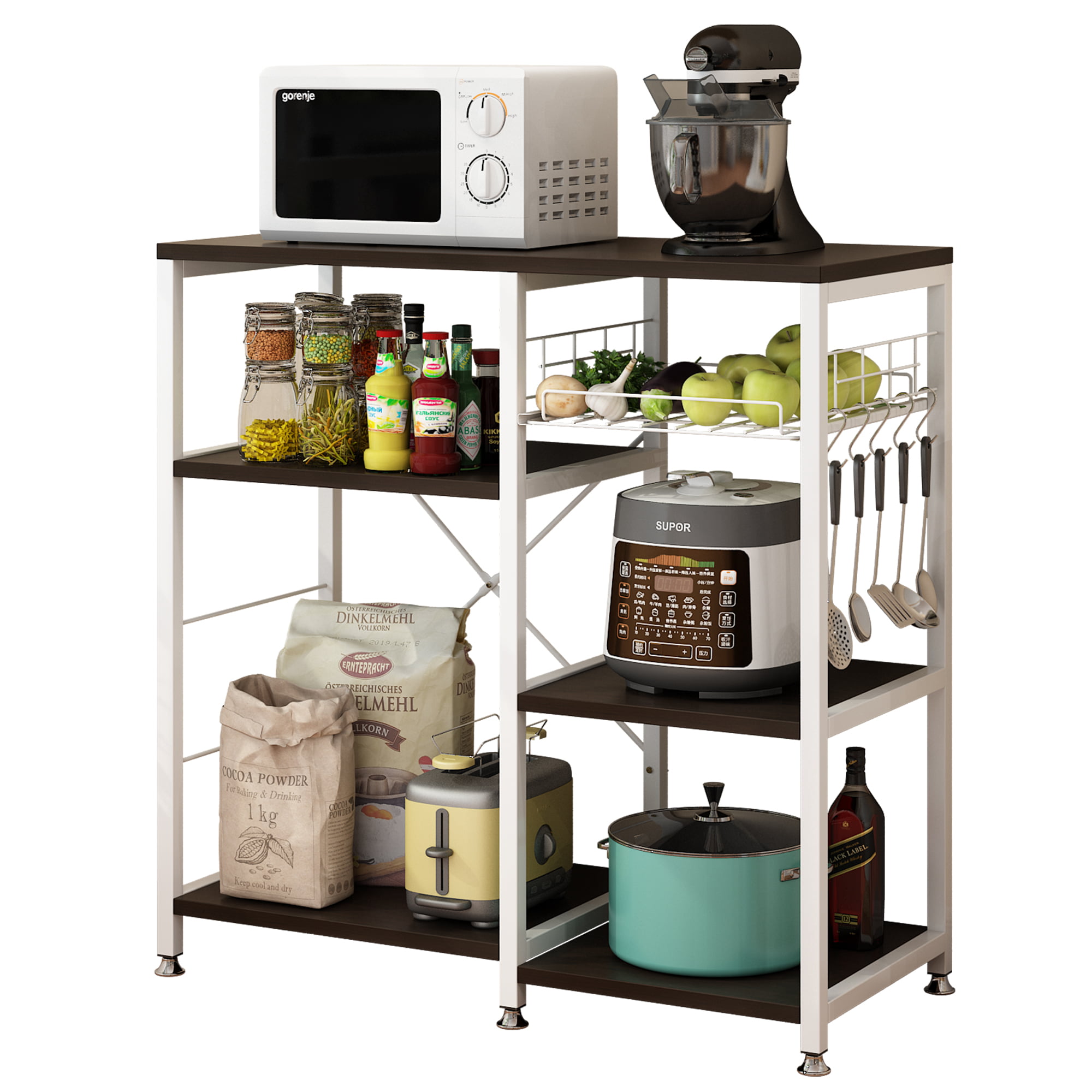 Ktaxon 5-Tier Kitchen Baker-s Rack Microwave Oven Stand Kitchen Utility Storage Shelf Bar Workstation Organizer with Basket and Hooks. Dark Brown