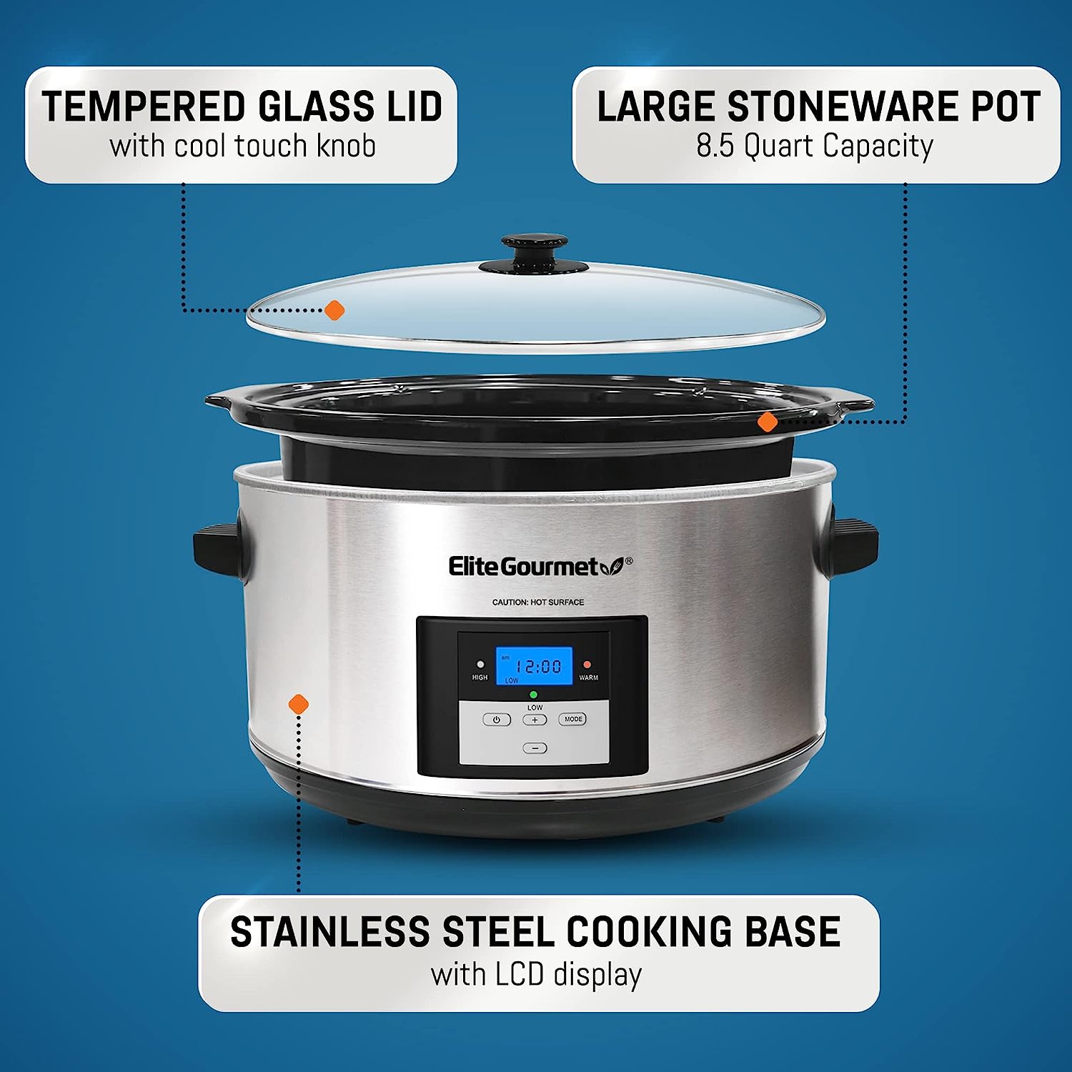 Elite Gourmet MST-900D# Digital Programmable Slow Cooker. Oval Adjustable Temp. Entrees. Sauces. Stews & Dips. Dishwasher Safe Glass Lid & Crock (8.5 Quart. Stainless Steel)