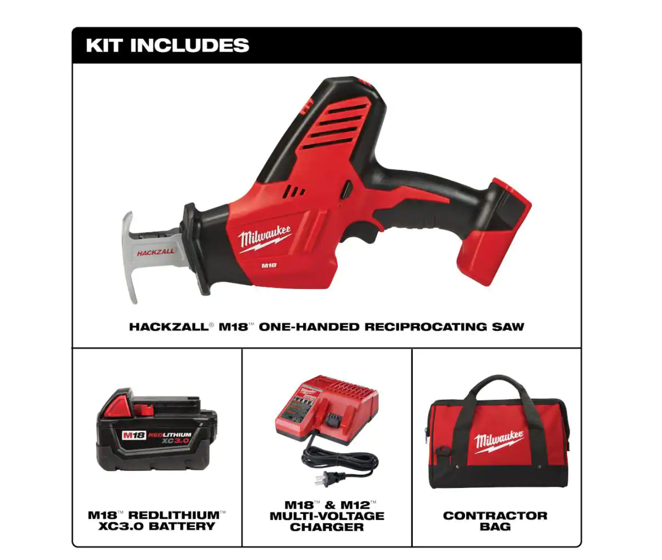 Milwaukee 2625-21 M18 18V Lithium-Ion Cordless HACKZALL Reciprocating Saw Kit with (1) 3.0Ah Battery. Charger and Tool Bag