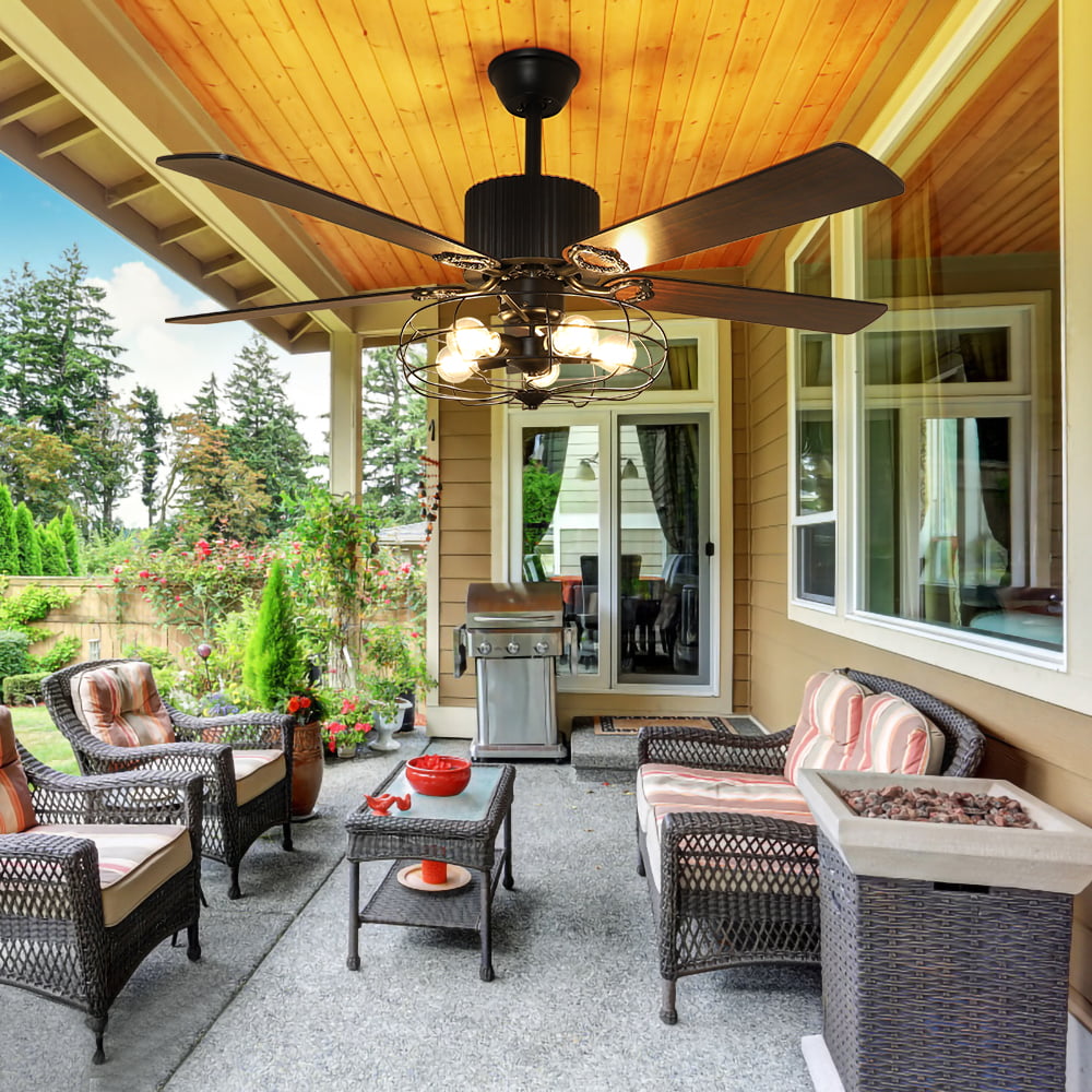 Depuley Remote 52” Caged Industrial 5 Blades Ceiling Fan with Light. Reversible Plywood Blades with Remote for Living Bedroom. Timing. 5 E26 Bulbs Not Incl