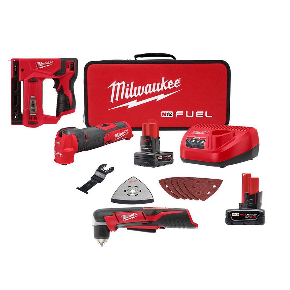 Milwaukee 2526-21XC-2415-20-2447-20-48-11-2460 M12 FUEL 12V Li-Ion Cordless Multi-Tool Kit with 3/8 in. Right Angle Drill. 3/8 in. Crown Stapler and 6.0Ah Battery