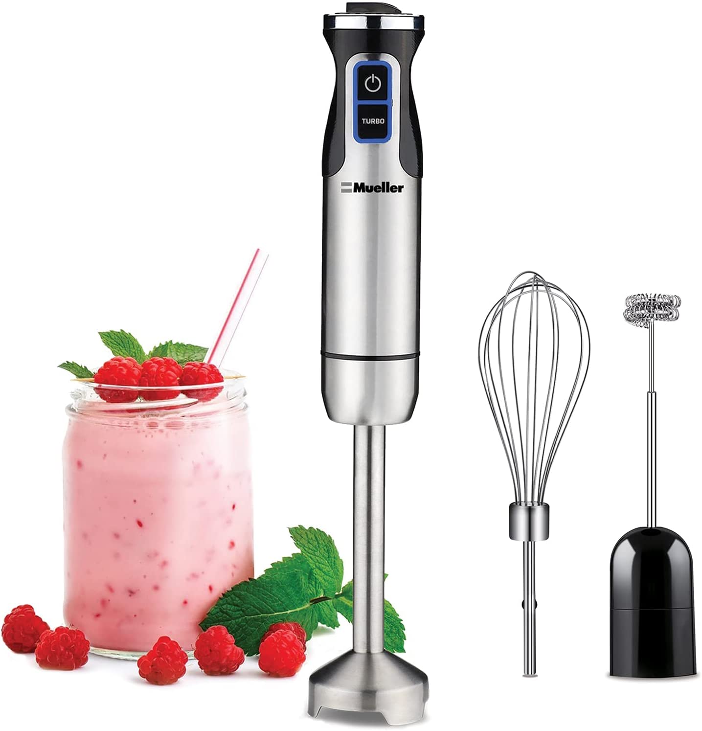 Mueller Ultra-Stick 500 Watt 9-Speed Immersion Multi-Purpose Hand Blender Heavy Duty Copper Motor Brushed 304 Stainless Steel With Whisk. Milk Frother Attachments