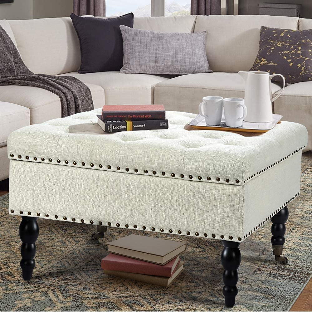 AVAWING 29″ Square Tufted Button Storage Ottoman Table Bench with Rolling Wheels Nailhead Trim Linen Fabric Foot Rest Stool/Seat for Bedroom. livingroom and Hallway (White)