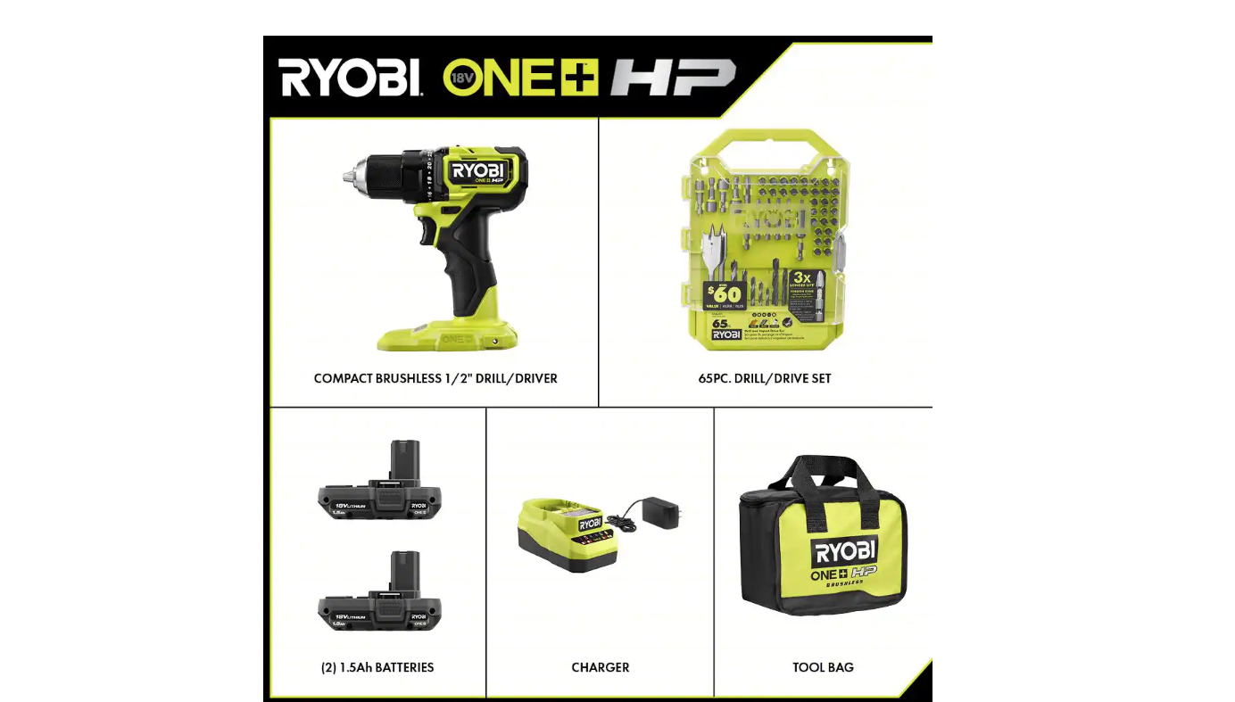 RYOBI PSBDD01K-A986501 ONE+ HP 18V Brushless Cordless Compact 1/2 in. Drill/Driver Kit with (2) 1.5 Ah Batteries. Charger. Bag. & 65PC Bit Set