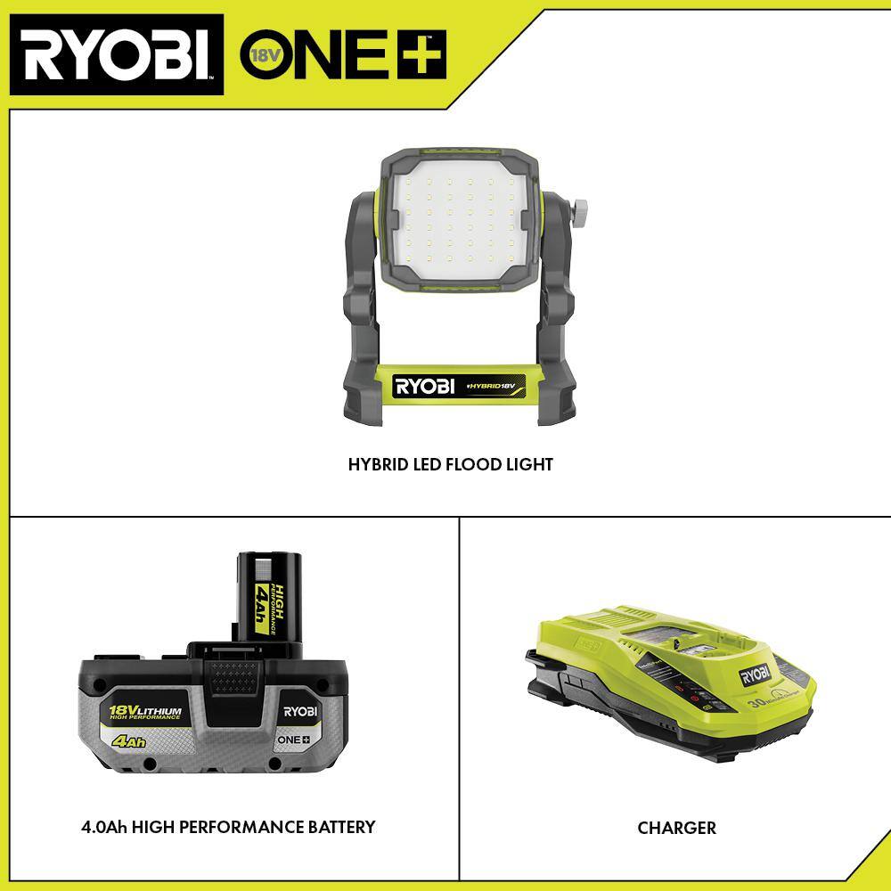 RYOBI PCL630B-PSK004 ONE+ 18V Cordless Hybrid LED Flood Light Kit with HIGH PERFORMANCE Lithium-Ion 4.0 Ah Battery and Charger Kit