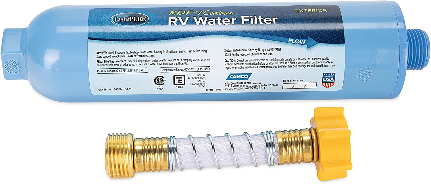 Camco TastePure RV/Marine Water Filter with Flexible Hose Protector. Chlorine and Sediment in Drinking Water (40043)