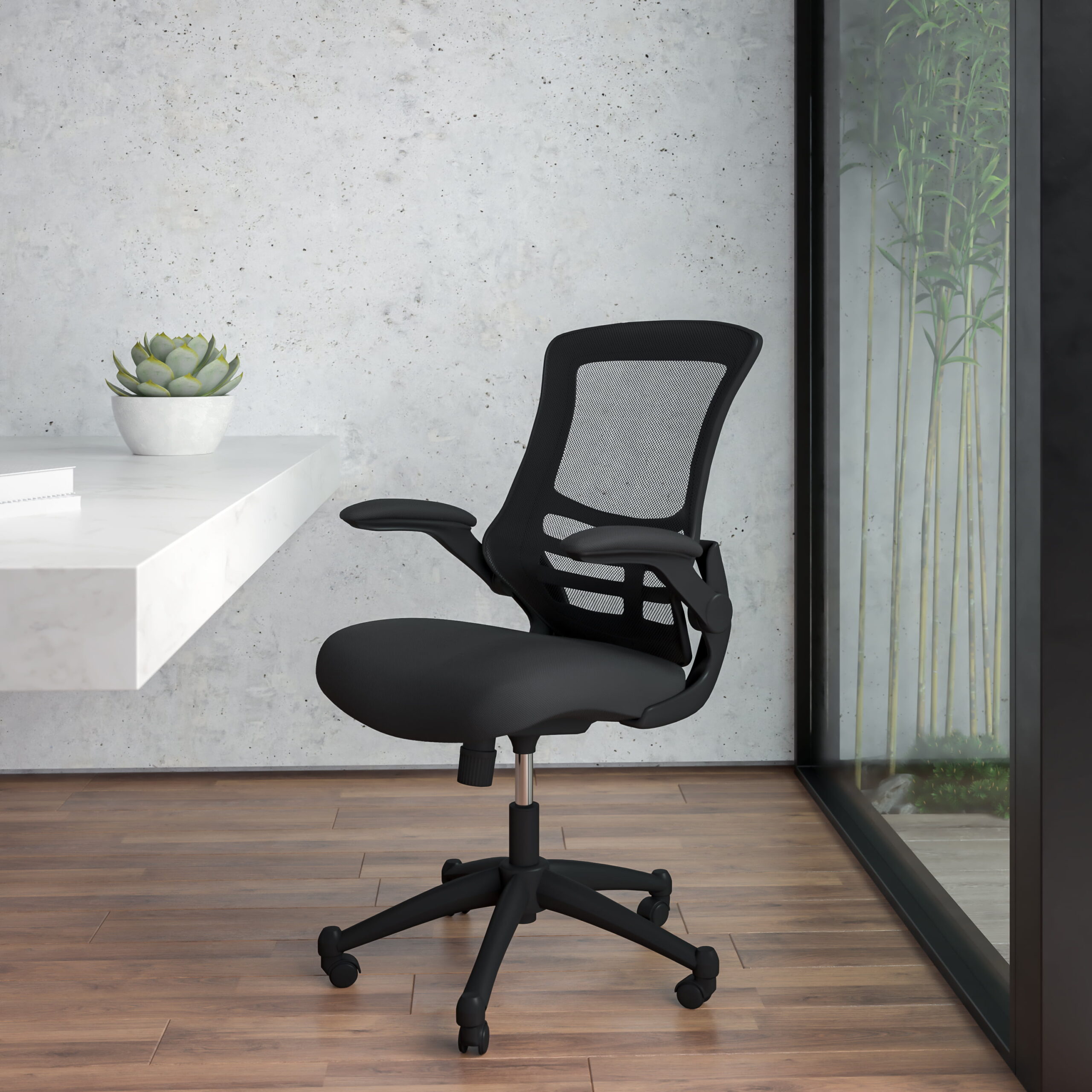 Flash Furniture Kelista Mid-Back Black Mesh Swivel Ergonomic Task Office Chair with Flip-Up Arms. BIFMA Certified