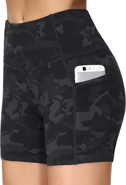 THE GYM PEOPLE High Waist Yoga Shorts for Women's Tummy Control Fitness Athletic Workout Running Shorts with Deep Pockets. Black Camo