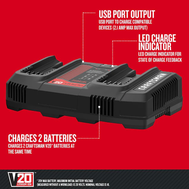 CRAFTSMAN 20V MAX Battery Charger. Dual Port. 2.0-Ah (CMCB124)