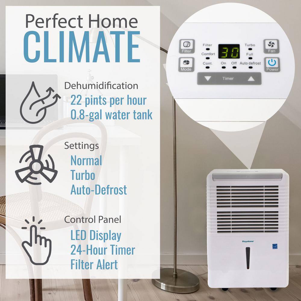 Keystone KSTAD224D Energy Star 22 Pint Dehumidifier for up to 1.500 Sq.Ft. LED Display Timer Portable w/ Wheels Auto-Shutoff
