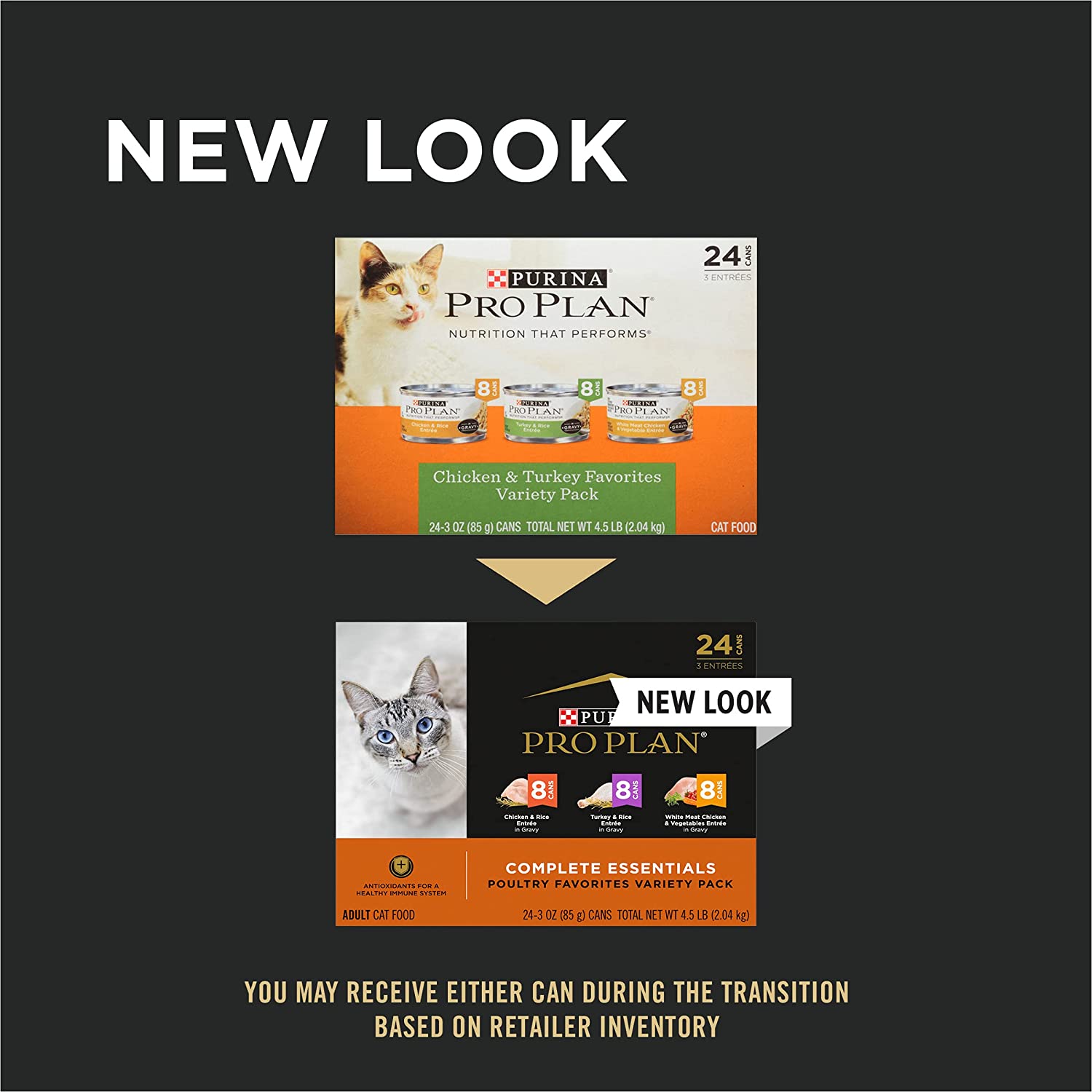 Purina Pro Plan Gravy. High Protein Wet Cat Food Variety Pack. COMPLETE ESSENTIALS Chicken & Turkey Favorites - (24) 3 oz. Cans