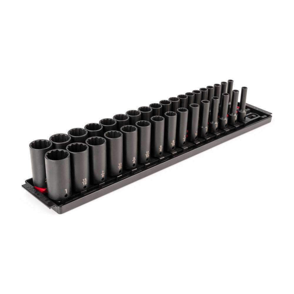 TEKTON 3/8 in. Drive Deep 12-Point Impact Socket Set (34-Piece) (1/4-1 in.. 6-24 mm) - Rails