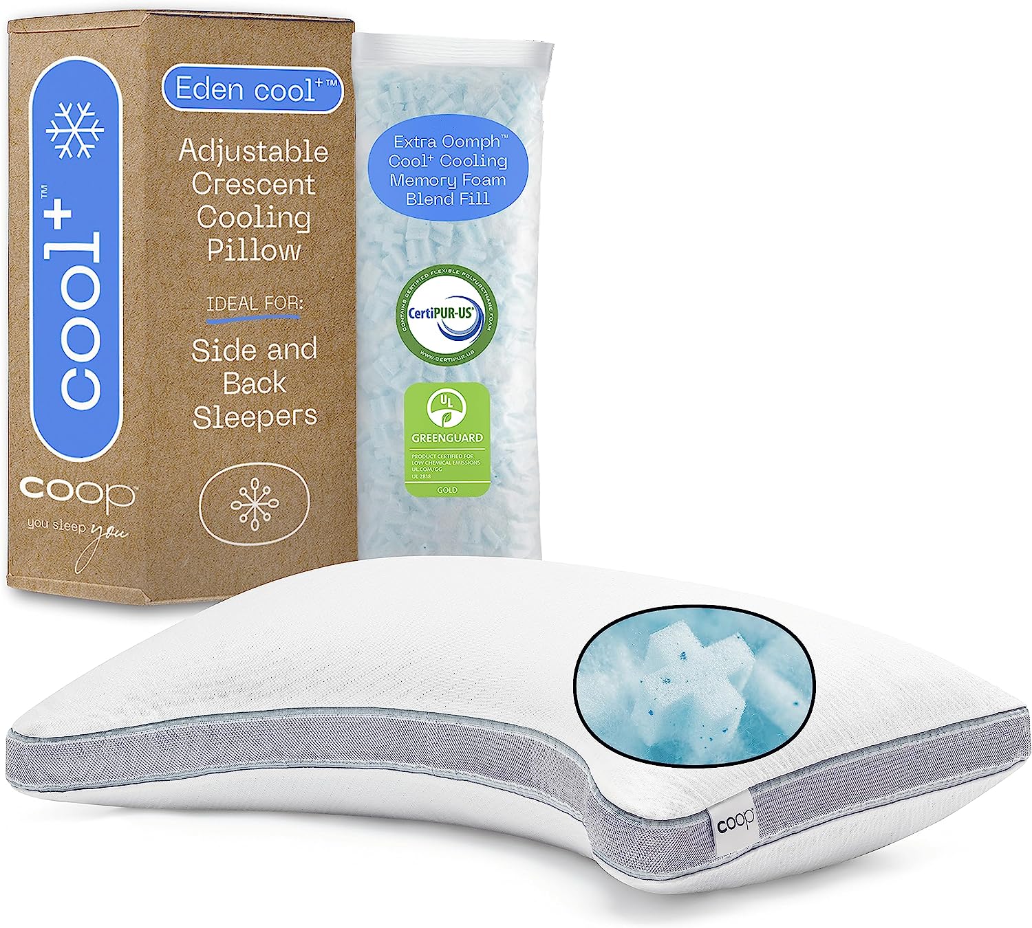 Coop Home Goods Eden Cool+ Crescent Pillow. Queen Size Plus Shaped Memory Foam Pillows with Cooling Gel. Back or Side Sleeper Pillow. Adjustable Neck Support for Sleeping. CertiPUR US/GREENGUARD Gold