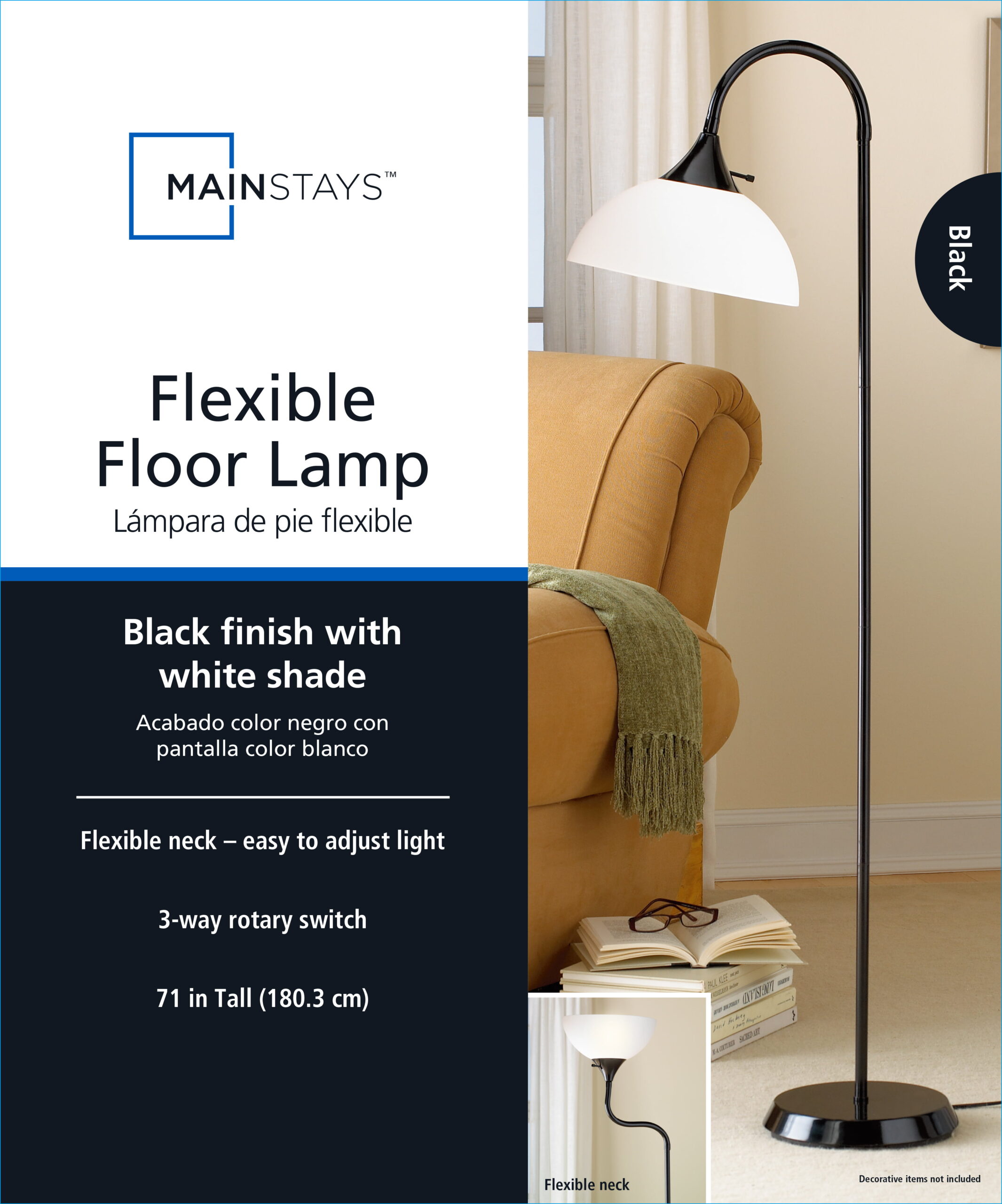 Mainstays 71” Jelly Gooseneck Floor Lamp. Black