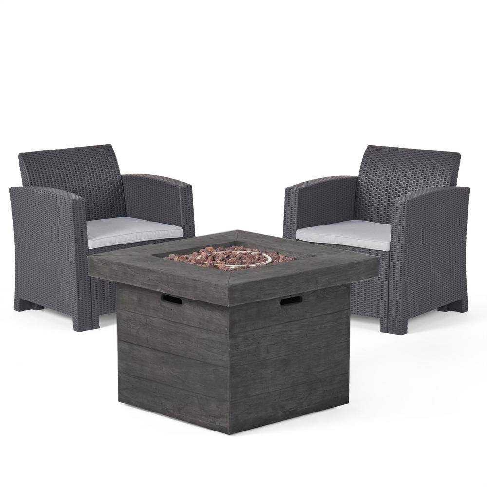 Noble House  Bedrock 3-Piece Plastic Patio Fire Pit Conversation Set with Light Grey Cushions