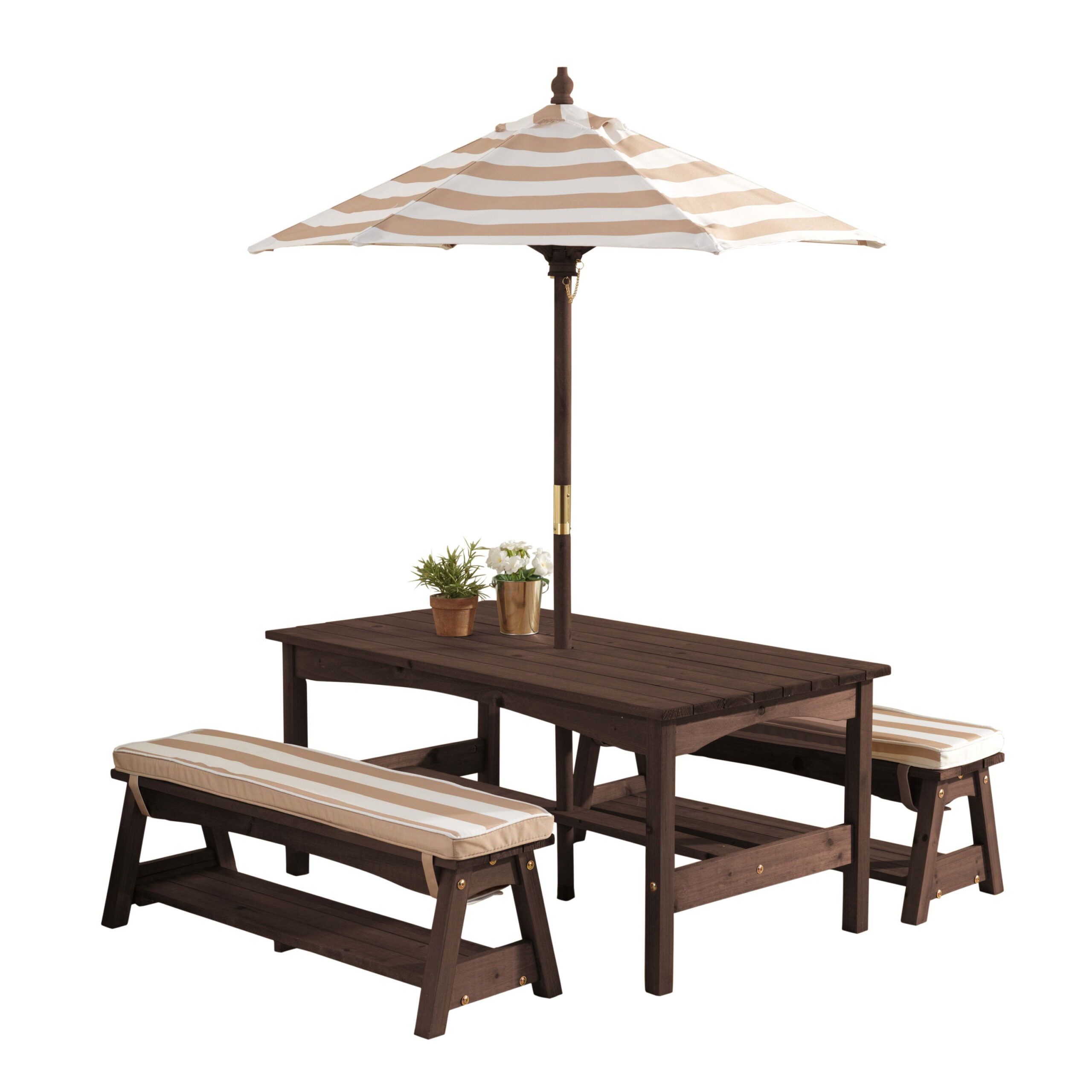 KidKraft Outdoor Wooden Table & Bench with Cushions and Umbrella. Espresso