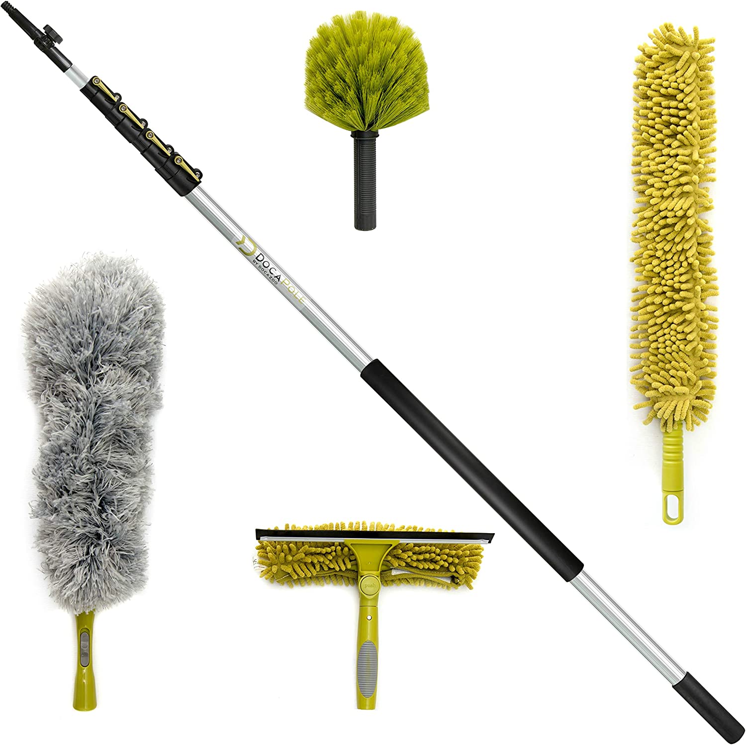 DocaPole 30 ft Reach Cleaning Kit with 6-24 Foot Telescoping Extension Pole. 3 Dusting Attachments 1 Window Squeegee & Washer. Cobweb Duster. Microfiber Feather Duster