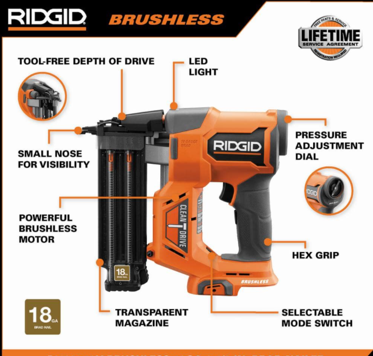 RIDGID R09891B 18V Brushless Cordless 18-Gauge 2-1/8 in. Brad Nailer (Tool Only) with CLEAN DRIVE Technology