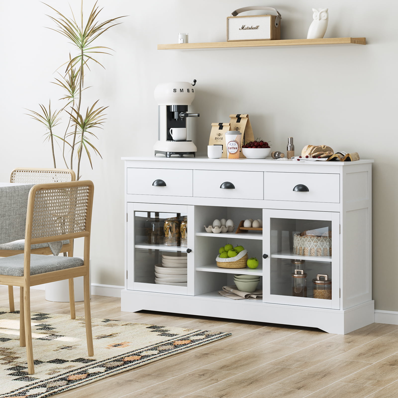 Homfa Sideboard Buffet. 53” Wide Kitchen Cupboard Storage Cabinet with 3 Drawers. White