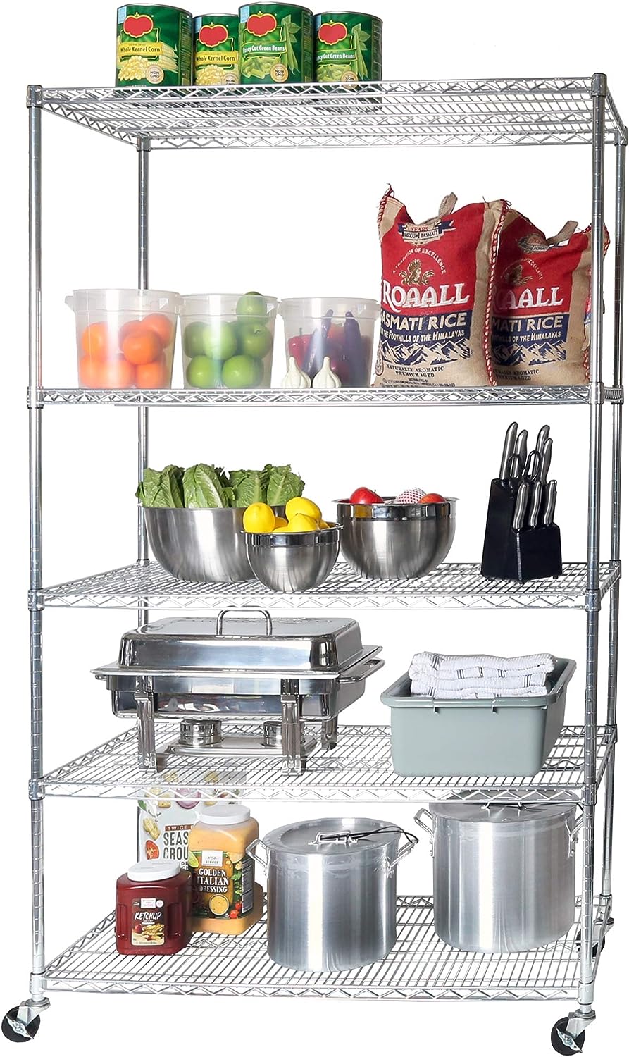 Seville Classics UltraDurable Heavy Duty NSF Solid Steel Wire Rack Storage Unit Organizer for Garage. Warehouse. Office. Restaurant. Classroom. Kitchen. Steel. 5-Tier Shelving. 48″ W x 24″ D