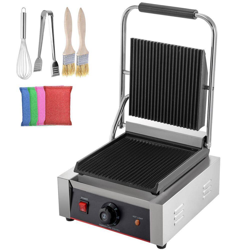 VEVOR  Commercial Sandwich Panini Press Grill 1800-Watt Single Full Grooved Plates Stainless Steel Sandwich Maker. Silver