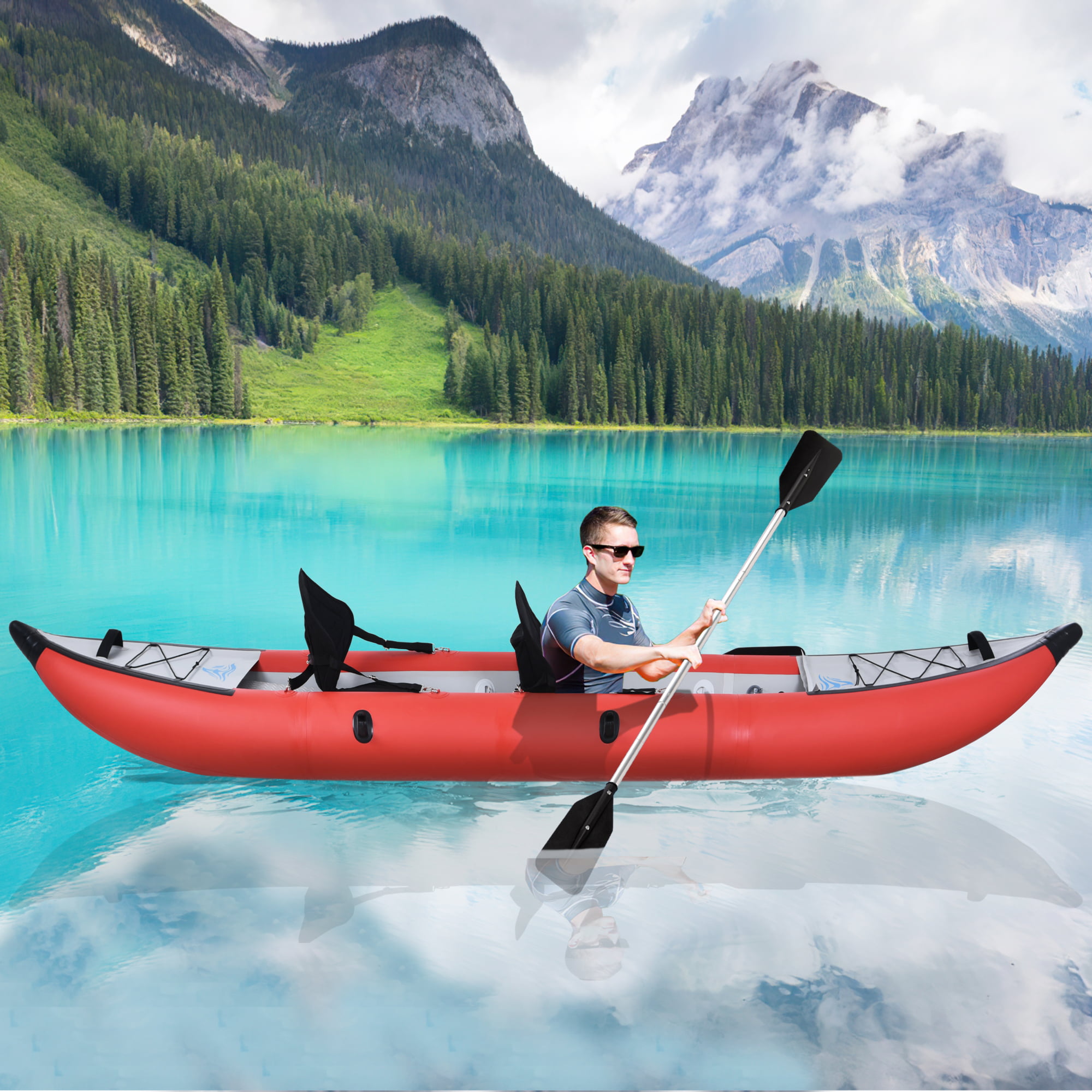 Gardenry Inflatable Kayak Set with Paddle & Air Pump. Portable Recreational Touring Kayak Foldable Fishing Touring Kayaks. Deluxe Extended Version Tandem 2 Person Kayak