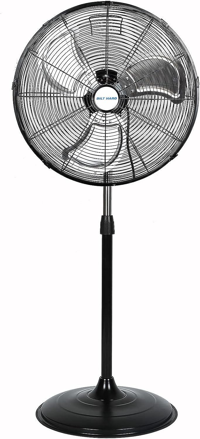 BILT HARD 4650 CFM 20″ High Velocity Industrial Pedestal Fan. 3-Speed Oscillating Stand Fan with Aluminum Blades. Heavy Duty Metal Shop Fan for Commercial. Warehouse. and Garage- UL Listed
