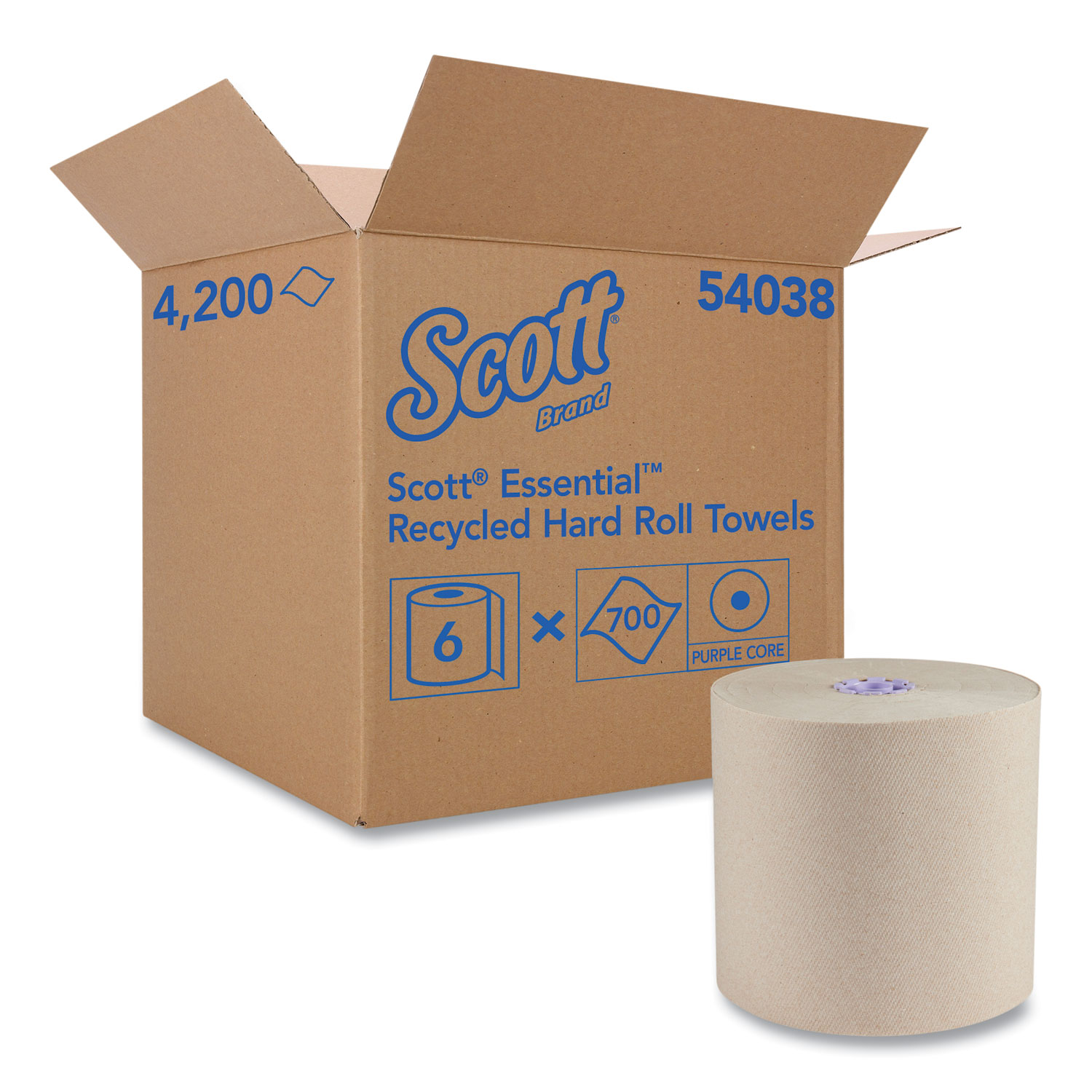 Scott Essential 100% Recycled Fiber Hard Roll Towel. 1.75″ Core. Brown. 8″ x 700 ft. 6/Carton