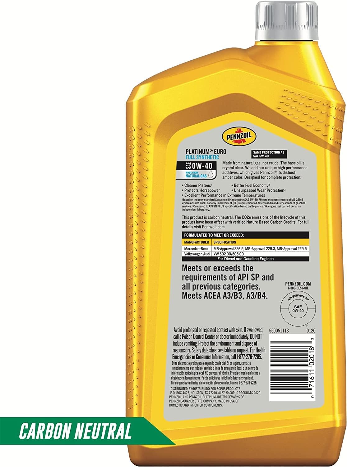 Pennzoil Platinum Euro Full Synthetic 0W-40 Motor Oil (1-Quart. Case of 6)