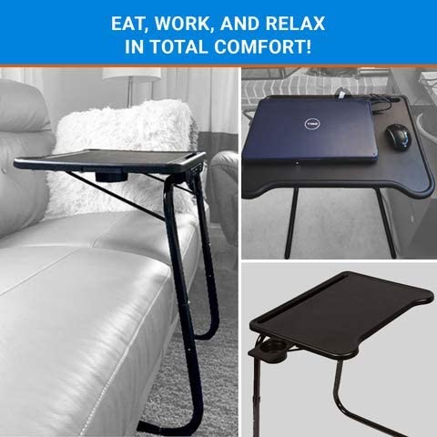 Table-Mate Ultra Folding TV Tray Table and Cup Holder. Adjustable to 6 Heights and 3 Angles with Device Holder (Black)