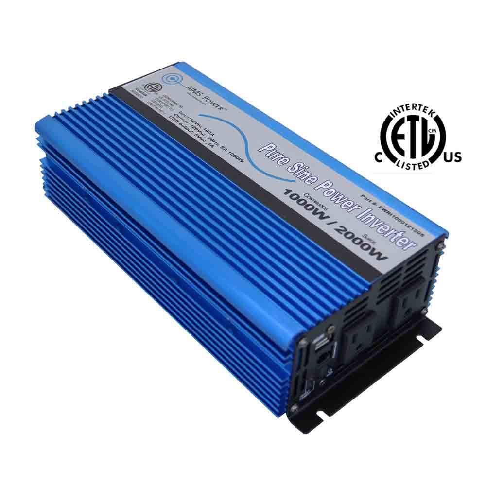 AIMS POWER PWRI100012120S 1.000 Pure Sine Inverter 12-Volt DC to 120-Volt AC ETL Listed to UL 458