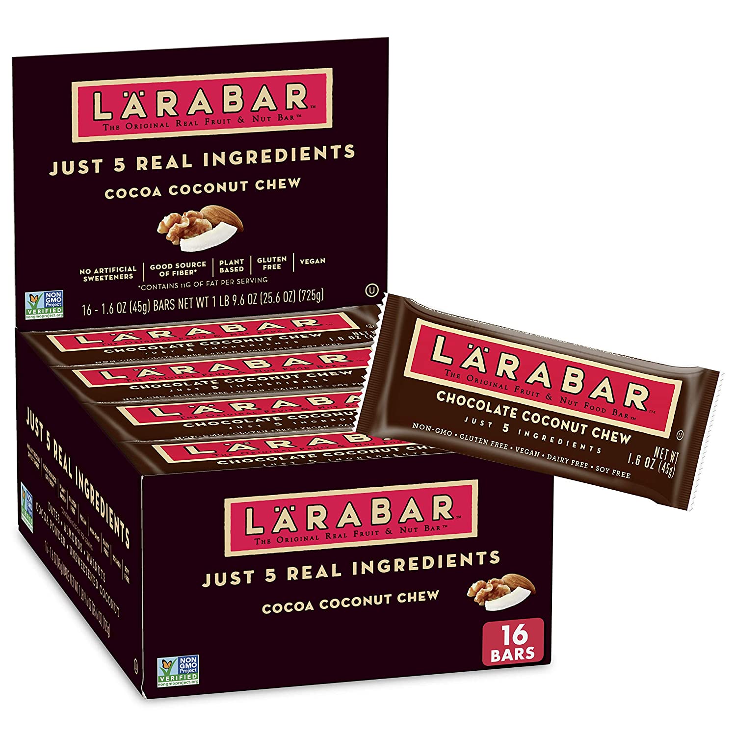 Larabar Chocolate Coconut Chew. Gluten Free Vegan Fruit & Nut Bar. 1.6 oz Bars. 16 Ct