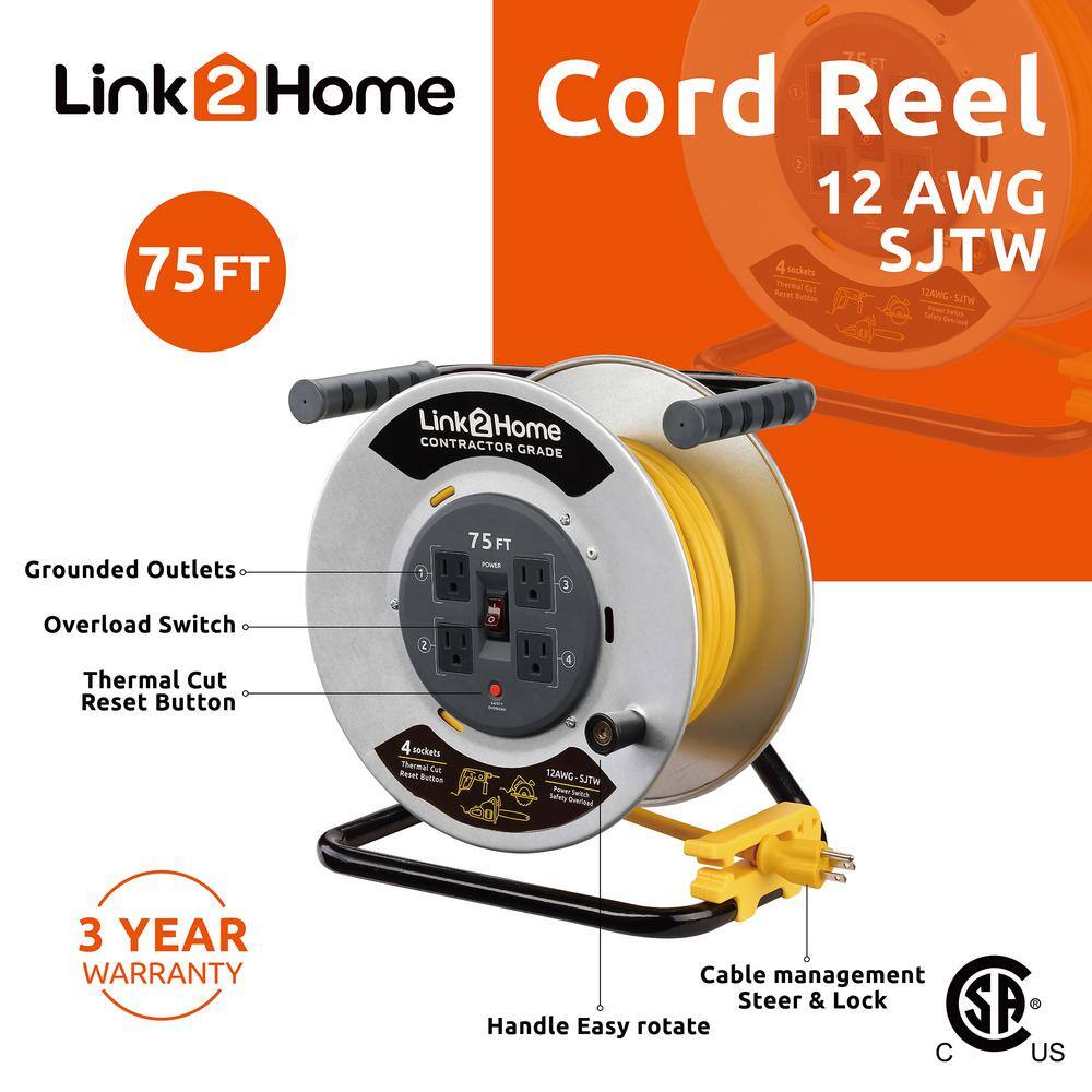Link2Home EM-CG-750-N 75 ft. 12/3 Extension Cord Storage Reel with 4 Grounded Outlets and Overload Circuit Breaker