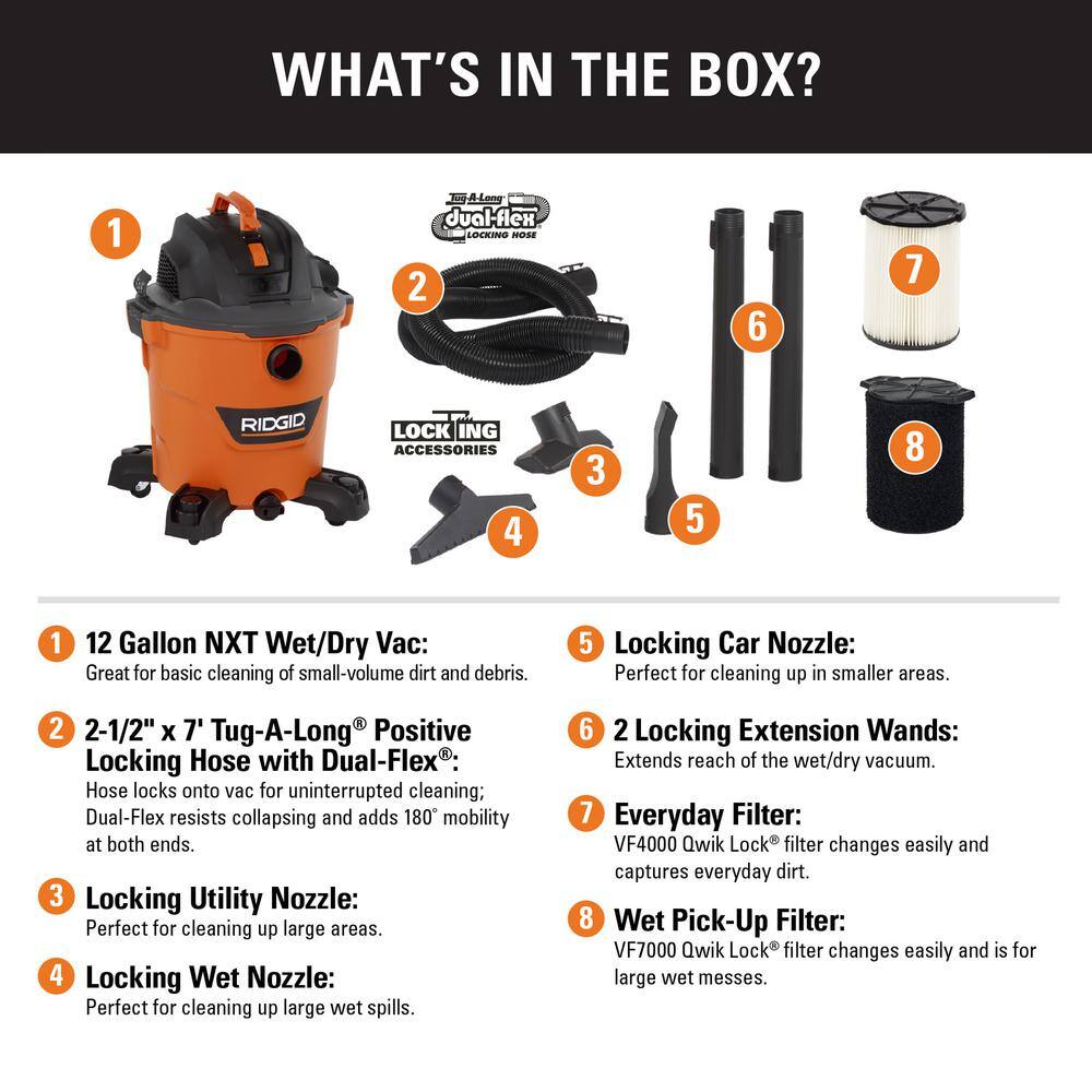 RIDGID HD1200C 12 Gallon 5.0 Peak HP NXT Wet/Dry Shop Vacuum with Filter. Locking Hose. Accessories and Wet Application Filter