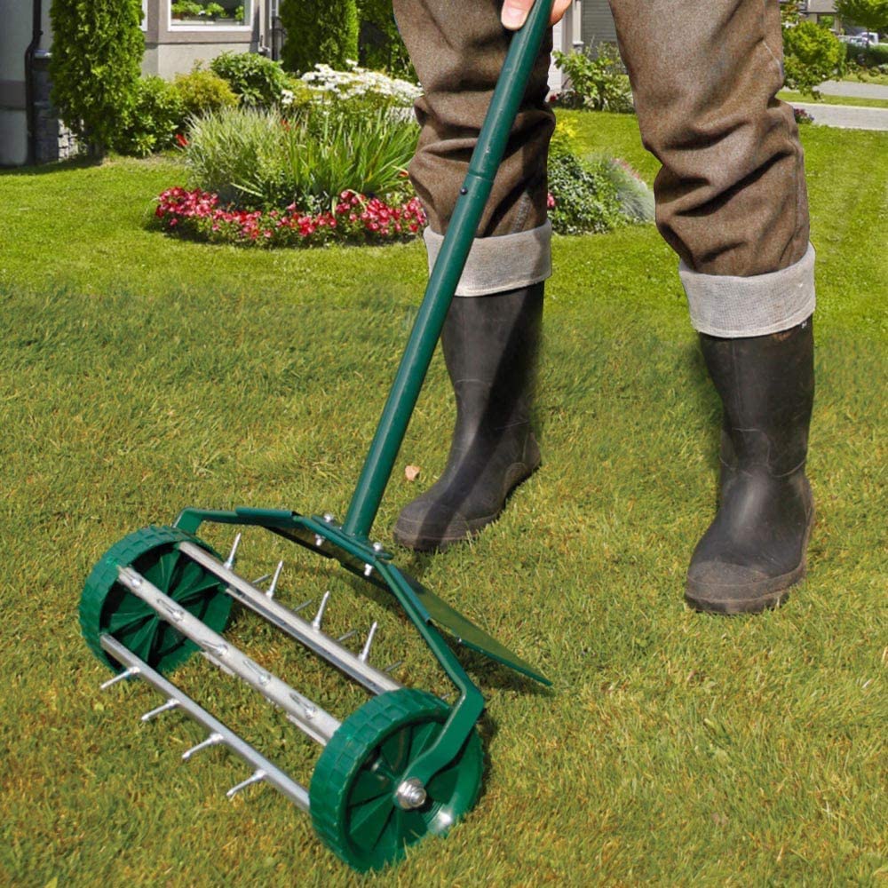 MTB Heavy Duty 18 Inch Aerator Roller Rolling Lawn Garden Spike with Fender Lawn Aerator Home Grass Steel Handle Green Quick and Easy to Assemble
