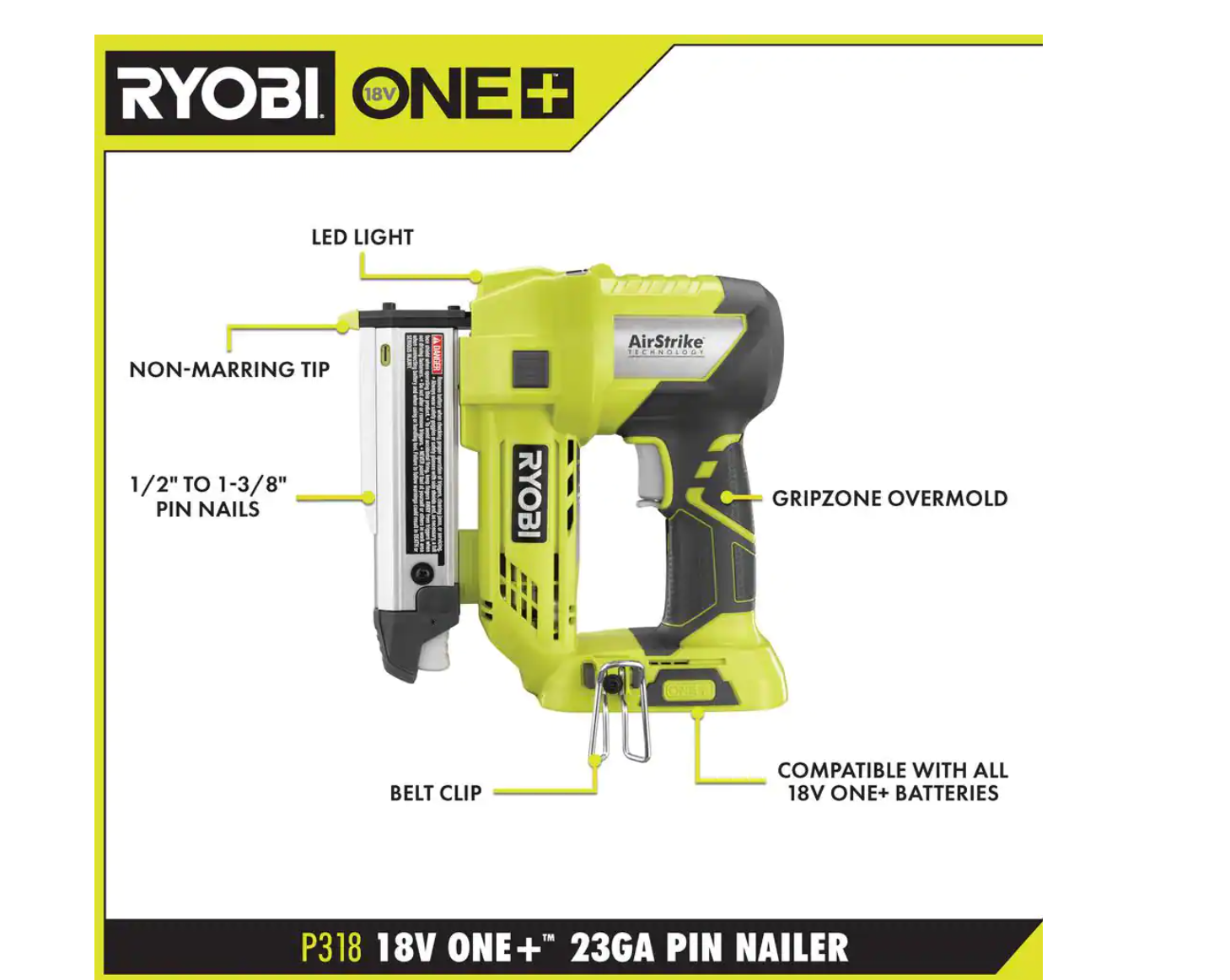 RYOBI P318 ONE+ 18V Cordless AirStrike 23-Gauge 1-3/8 in. Headless Pin Nailer (Tool Only)