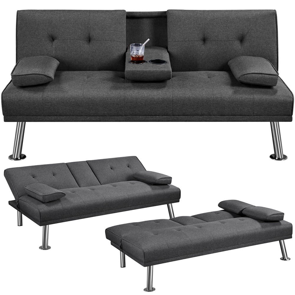 Easyfashion Modern Fabric Reclining Futon with Cupholders and Pillows. Gray