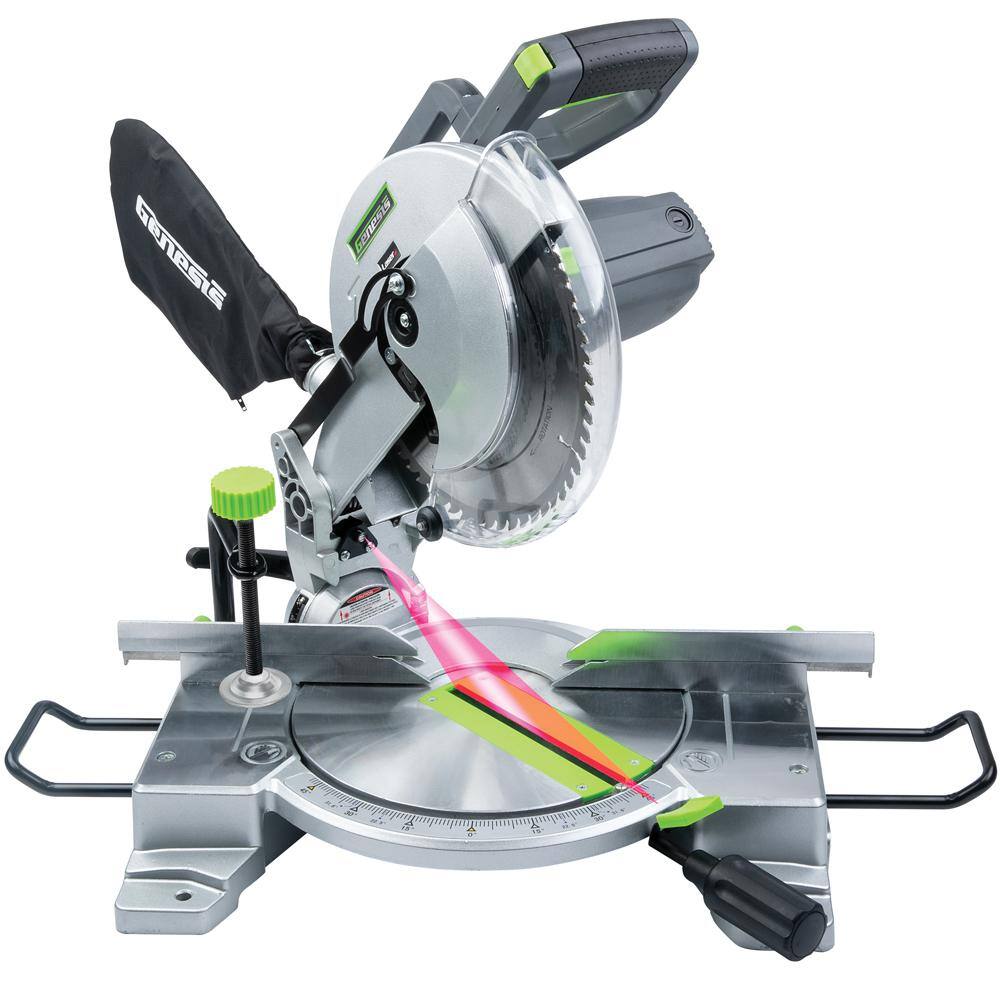 Genesis GMS1015LC 15 Amp 10 in. Compound Miter Saw with Laser Guide. 9 Positive Stops. Clamp. Dust Bag. 2 Wings and Blade