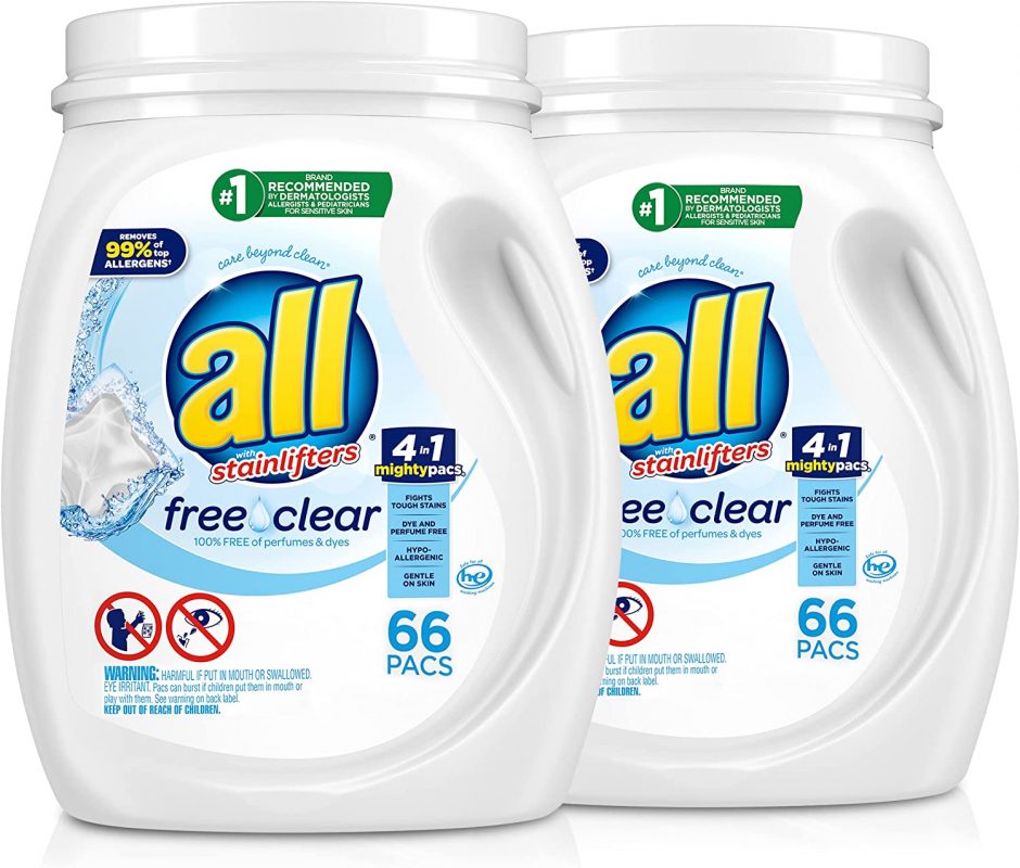 All Mighty Pacs with stainlifters free clear Laundry Detergent. 66 Count - 2 Pack