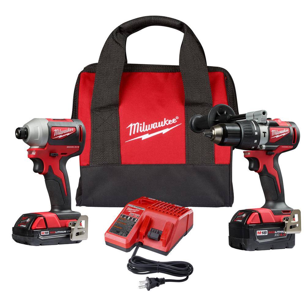 Milwaukee 2893-22CX M18 18V Lithium-Ion Brushless Cordless Hammer Drill/Impact Combo Kit (2-Tool) with 2 Batteries. Charger and Bag