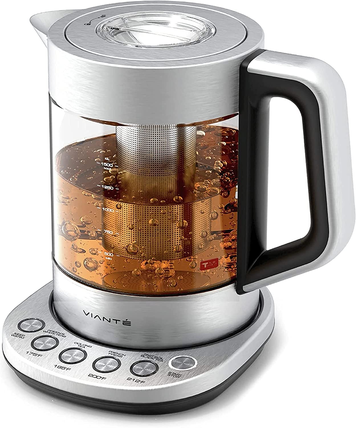 Vianté Hot Tea Maker Electric Glass Kettle with tea infuser and temperature control. Automatic Shut off. Brewing Programs for your favorite teas and Coffee. Stainless Steel