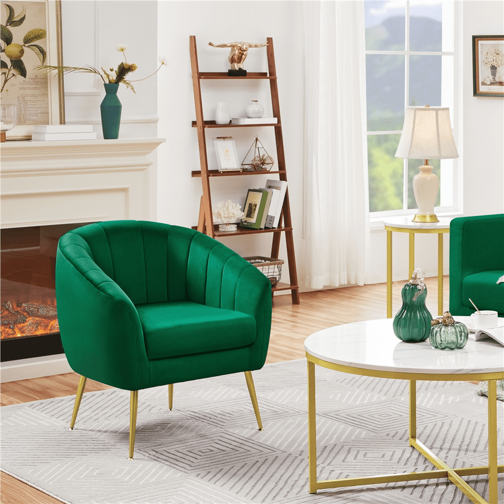 Yaheetech Velvet Channel Tufted Accent Armchair with Gold Metal Legs. Green