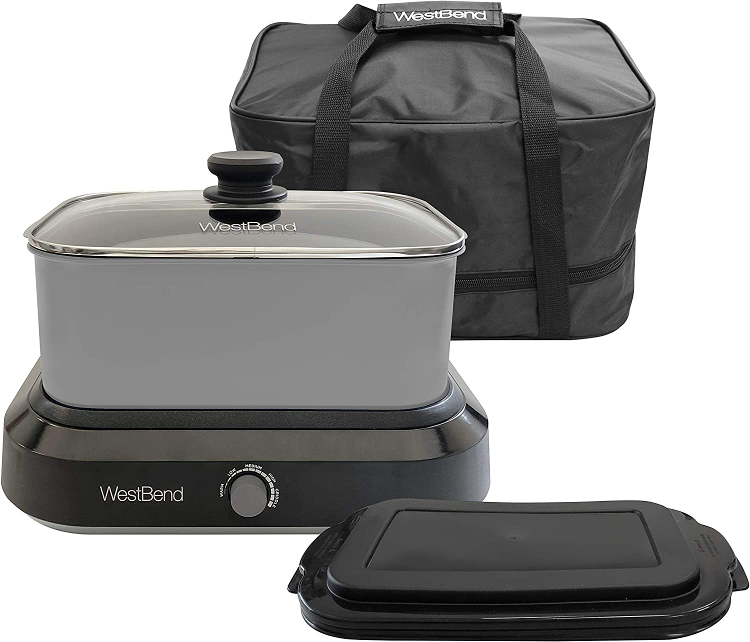 West Bend 87905 Slow Cooker Large Capacity Non-stick Variable Temperature Control Includes Travel Lid and Thermal Carrying Case. 5-Quart. Silver