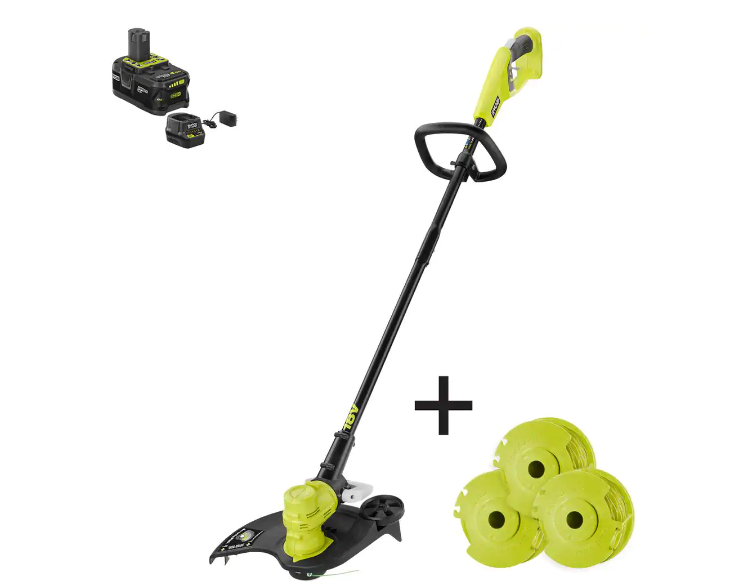 RYOBI P20140-AC ONE+ 18V 13 in. Cordless Battery String Trimmer/Edger with Extra 3-Pack of Spools. 4.0 Ah Battery and Charger