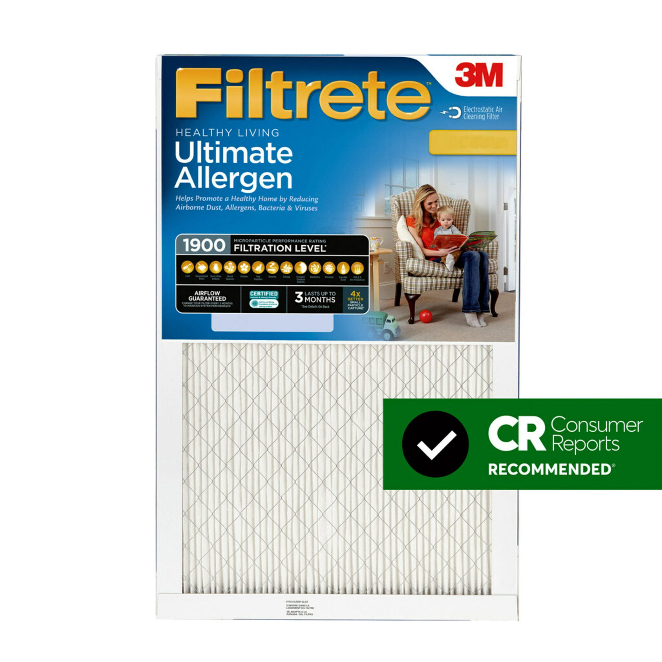 Filtrete 16x20x1 Air Filter. MPR 1900 MERV 13. Healthy Living Ultimate Allergen. Captures Smoke. Bacteria and Virus Particles. 4 Filters