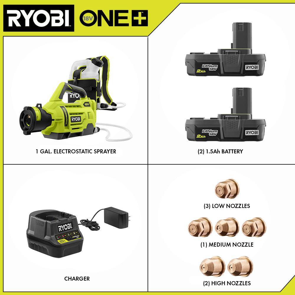 RYOBI P2870-A14 ONE+ 18V Cordless Electrostatic 1 Gal. Sprayer w/ Extra (2) Med. & (1) High Nozzles. (2) 2.0 Ah Batteries. & (1) Charger